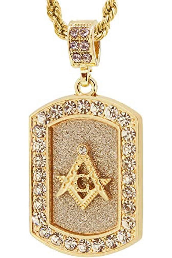Gold Tone Dog Tag Style Masonic Freemason Pendant with 24" Rope Chain 3160G