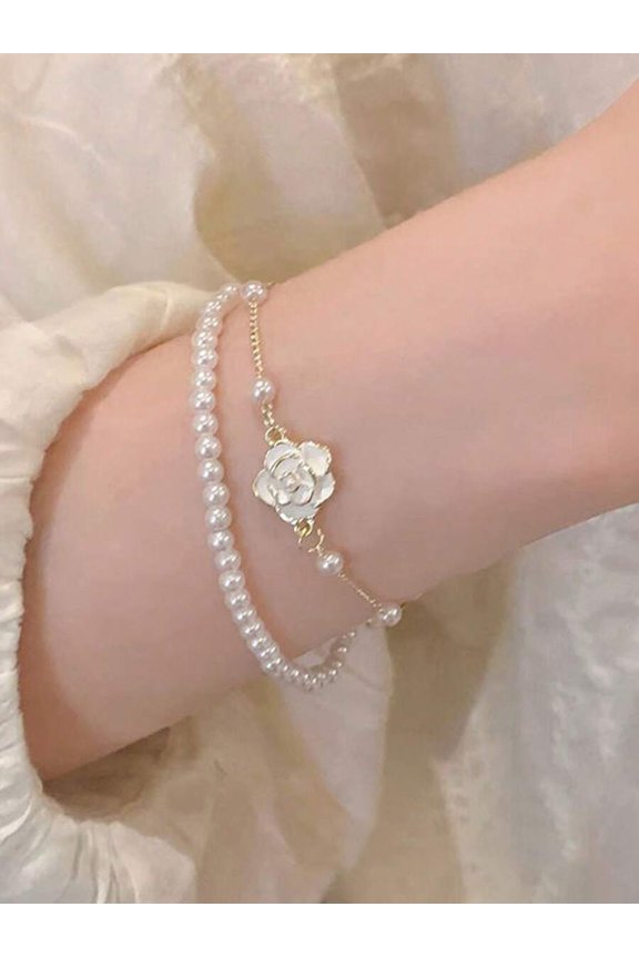 Gold Tone Double Layer Camellia Flower And Pearl Bracelet For Women