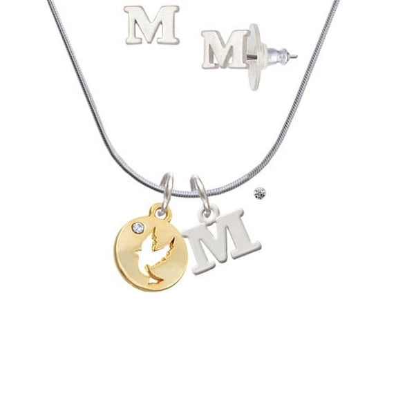 Gold Tone Dove Disc - M Initial Charm Necklace and Stud Earrings Jewelry Set