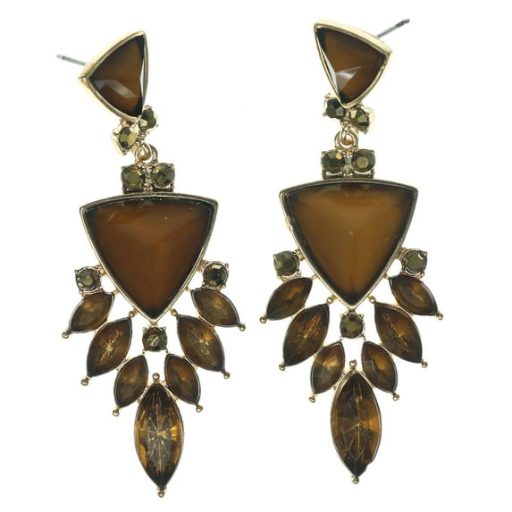 Gold-Tone Drop Dangle Earrings With Brown Colored Faceted Accents TME558