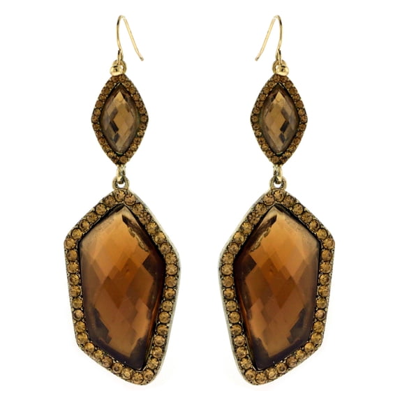 Gold-Tone Drop Dangle Earrings With Sparkling Amber Colored Rhinestone Accents QE25