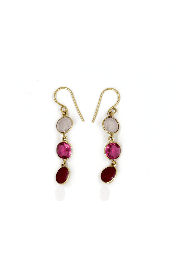 18k Gold-Plated Drop Earrings with Pink & Red Gemstones  Elegant Triple-Stone Dangle Design
