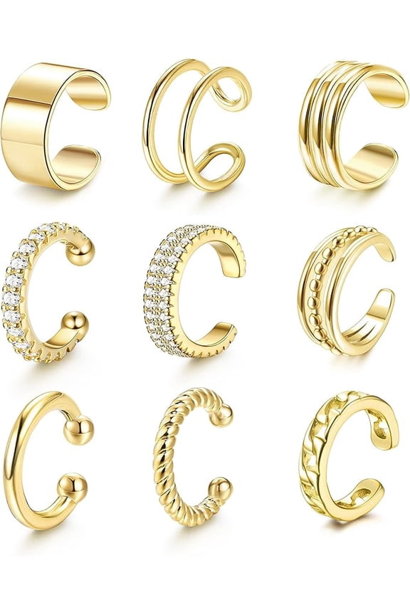 Gold-Tone Ear Cuff Set, 9-Piece Non-Piercing Ear Cuff Pack with CZ, Twisted & Textured Designs, Clip-On Cartilage Ear Jewelry for Women