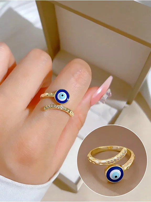 Gold Tone Evil Eye Open Ring With Cubic Zirconia Accents