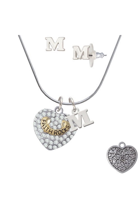 Gold Tone 'Faith Rocks' on Clear Crystal Heart - M Initial Charm Necklace and Stud Earrings Jewelry Set