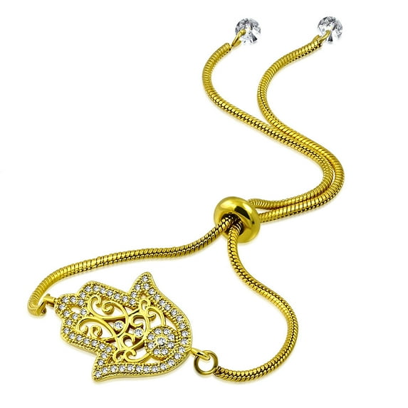 Gold Tone Filigree Hamsa Adjustable Snake Chain Bracelet Stainless Steel Cubic Zirconia