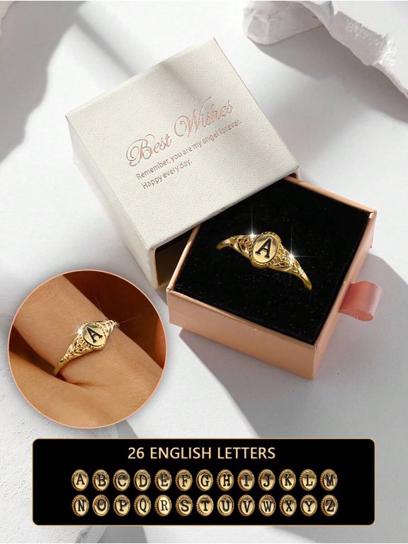 Gold Tone Filigree Initial Ring With Engraved Letter A, Gift Boxed