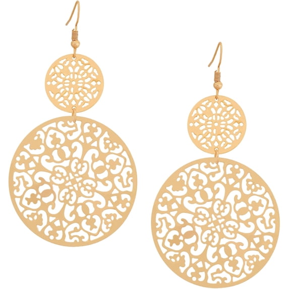 Gold Tone Filigree Round Disc Dangle Drop Earrings, Vintage Fashion Statement Jewelry Gift for Women