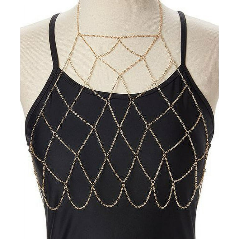 Gold Tone Fishnet Bralette Body Chain, with Lobster Clasp, Women's 