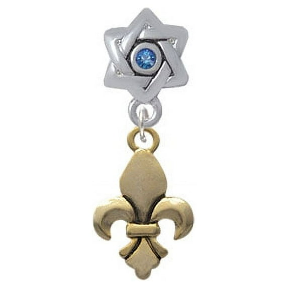 Gold Tone Fleur de Lis - Star of David with Blue Crystal Charm Bead