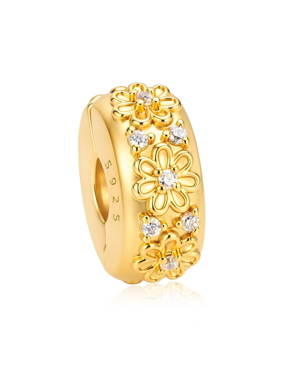 Gold Tone Floral Stopper Charm, S925 Sterling Silver Flower Spacer with Clear Zircon, Positioning Clip for Women’s Bracelets