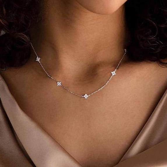 Gold Tone Four Leaf Clover Necklace Gift for Women - Minimalist Lucky Pendant Chain Collarbone Jewelry with Crystal Accent