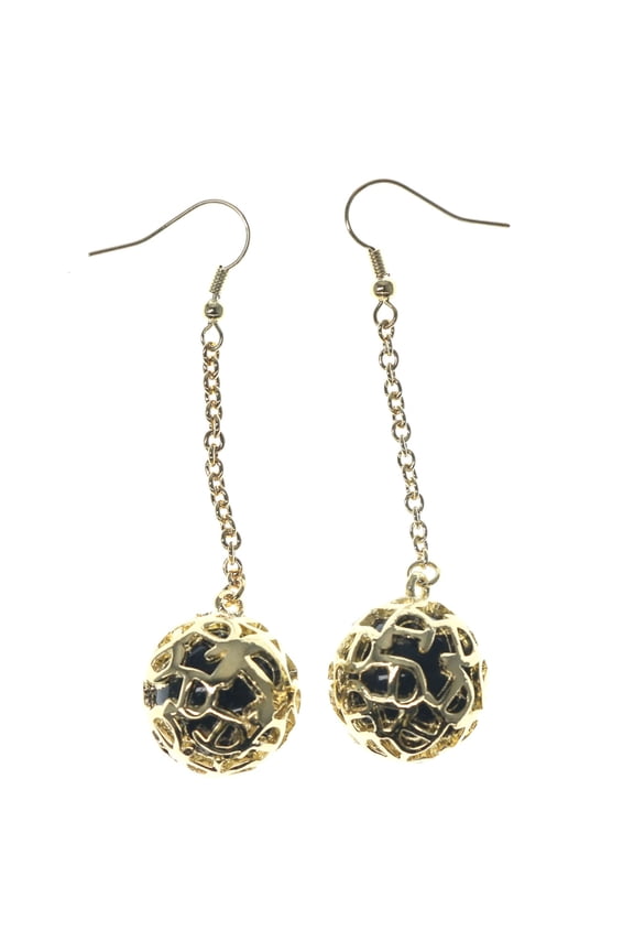 Gold-Tone French Hook Dangle Earrings With Ornately Accented Black Ball TME610