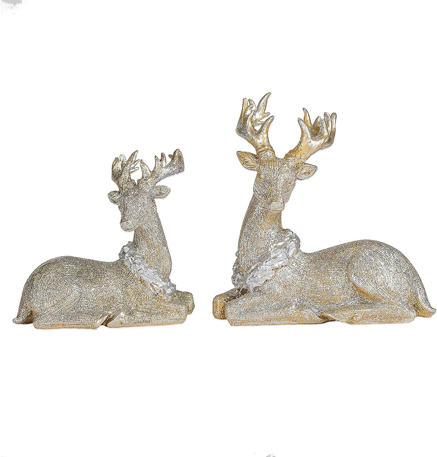 Gold Glitter Resin Sitting Deer Christmas Figurine Set, 7.5 Inches