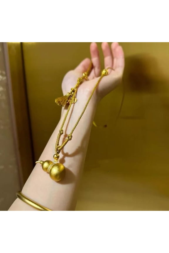 Gold Tone Gourd Pendant Necklace Chinese Style Jewelry Minimalist Lucky Charm Amulet Accessory for Women Gift Handmade