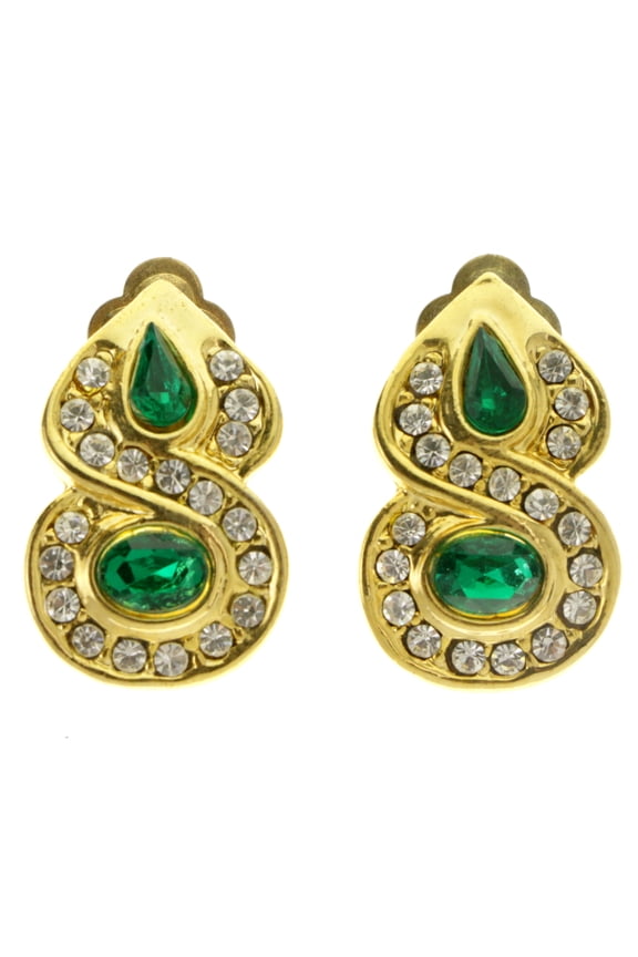 Gold-Tone & Green Colored Metal Clip-On-Earrings With Faceted Accents #LQC410