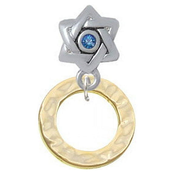 Gold Tone Hammered Karma Ring - Star of David with Blue Crystal Charm Bead