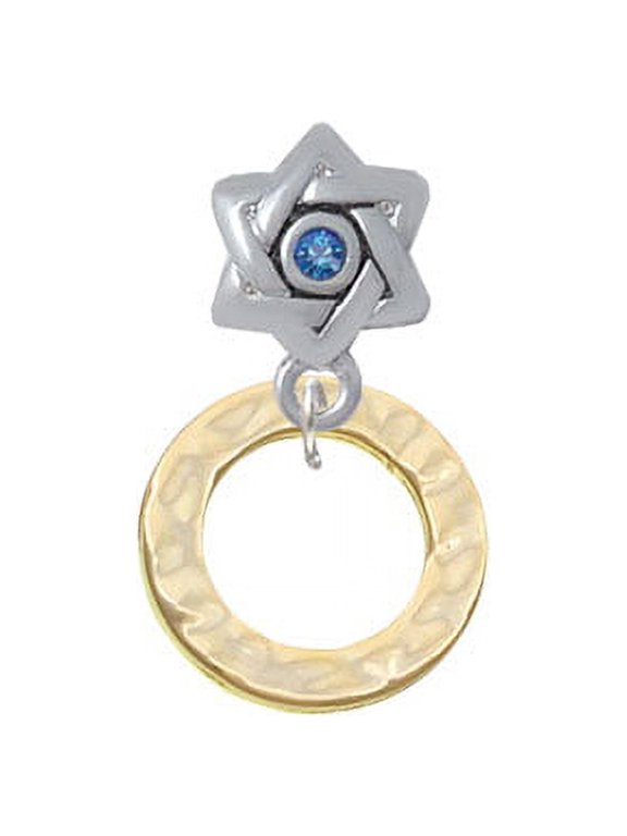Gold Tone Hammered Karma Ring - Star of David with Blue Crystal Charm Bead