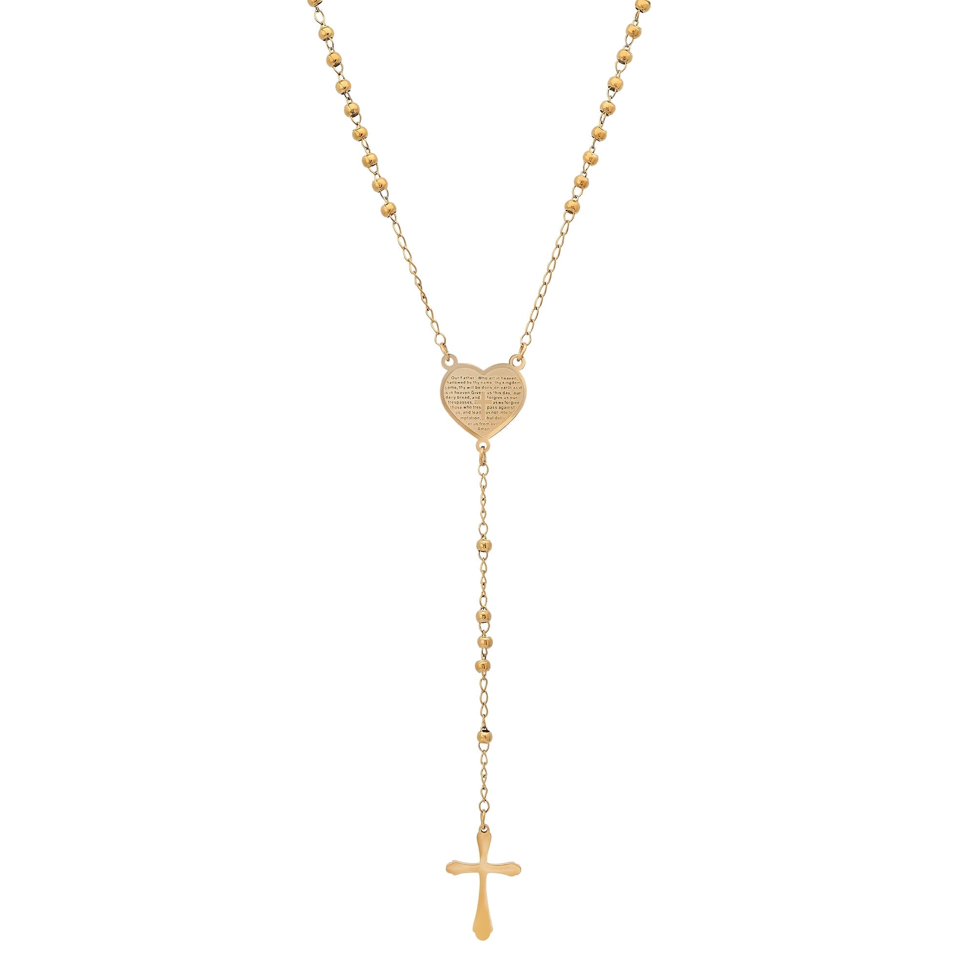 Stainless Steel 18K Gold Plated Beaded Rosary Heart and Cross Necklace