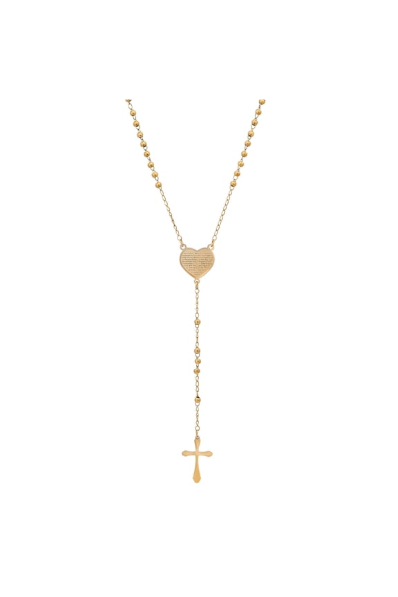 Stainless Steel 18K Gold Plated Beaded Rosary Heart and Cross Necklace