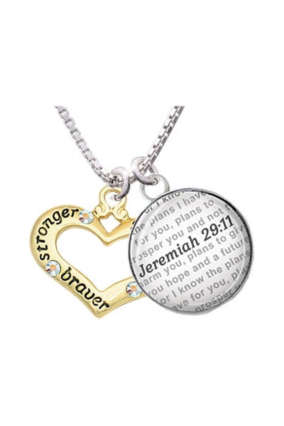 Gold Tone Heart with 3 AB Crystals - Stronger Braver Smarter - Bible Verse Jeremiah 29:11 Glass Dome Necklace