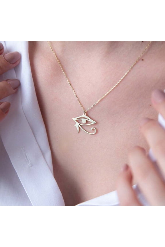 Gold Tone Horus Eye Pendant Necklace For Women, Egyptian Symbol Spiritual Jewelry, Stainless Steel Chain