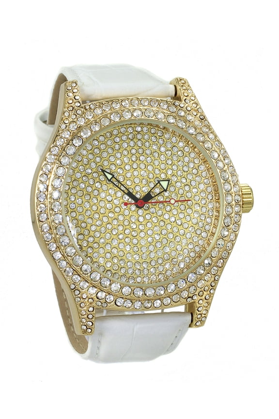 Gold Tone Ice Out Clubbing Watch, Cubic Zirconia White Leather Strap 50x60 Case