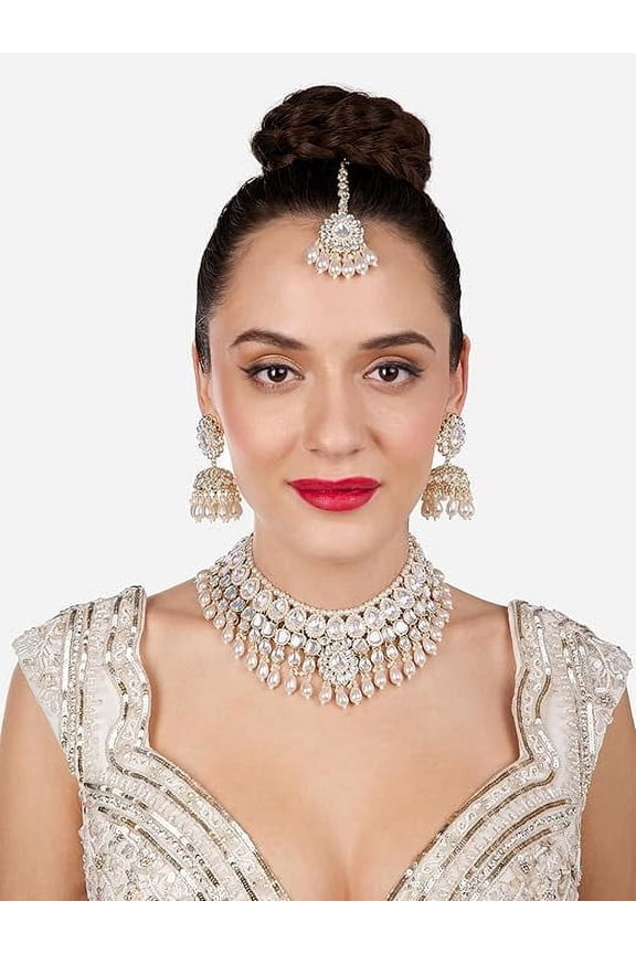 Gold Tone Kundan Artificial Stones & Beads Bridal Necklace Earring & Maangtikka Set For Women