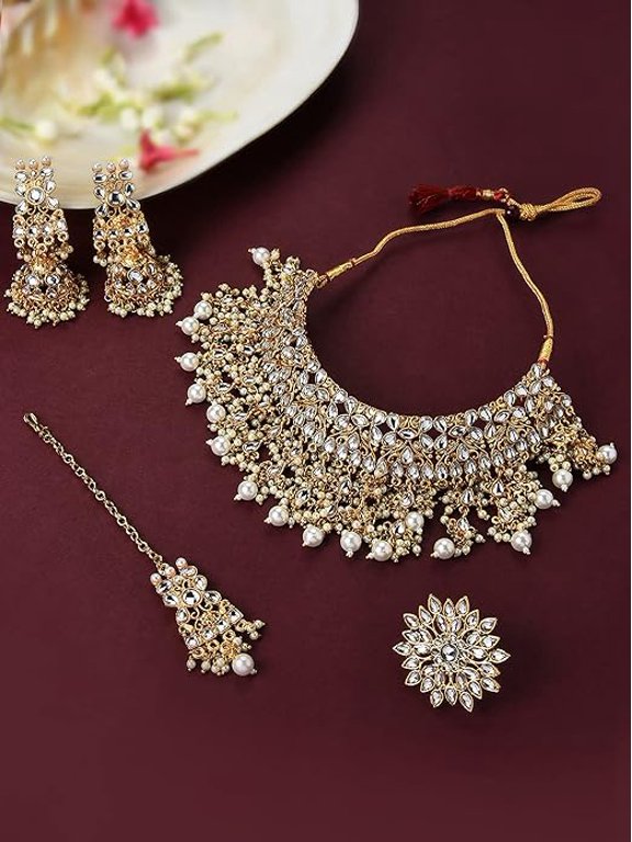 Gold Tone Kundan Choker Necklace Earring Maangtikka & Ring Set For Women