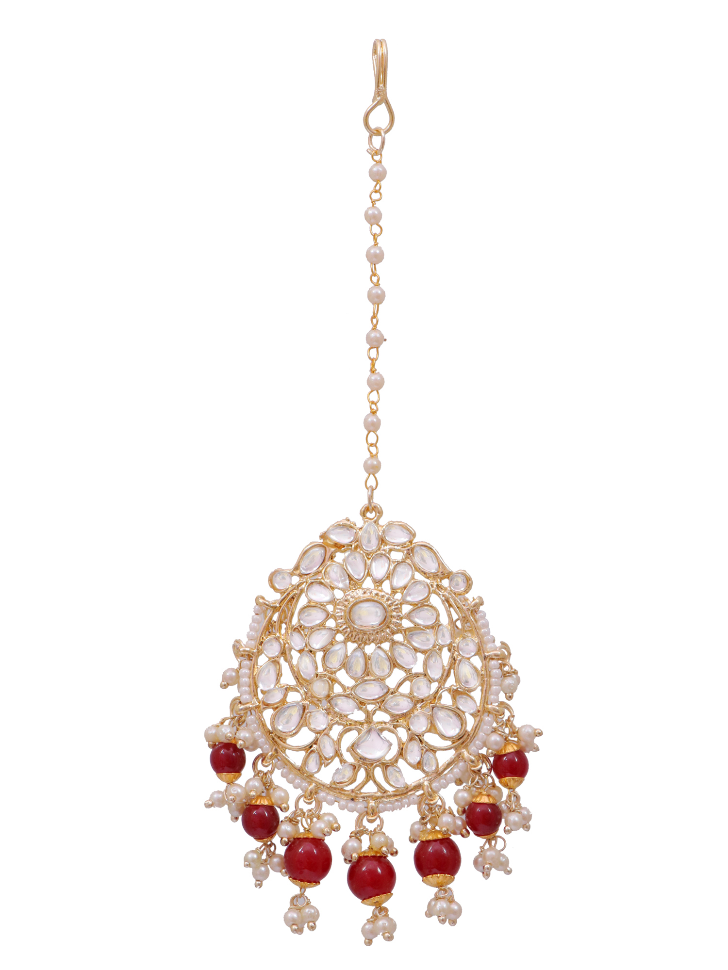 Gold Tone Kundan & Red Pearls Wedding Collection Maang Tikka