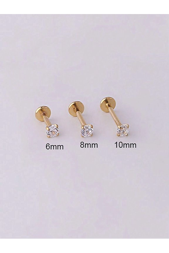 Gold Tone Labret Stud Earrings with CZ Stone, 6mm 8mm 10mm Sizes, Stainless Steel