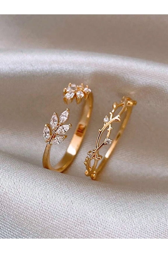 Gold Tone Leaf And Vine Open Ring Set With Clear Cubic Zirconia Stones