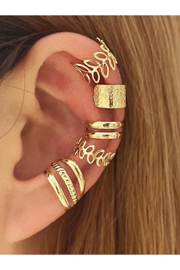 Gold Tone Leaf & C-Shape Ear Cuff Set, 5-Piece Clip-On Earring Collection For Women