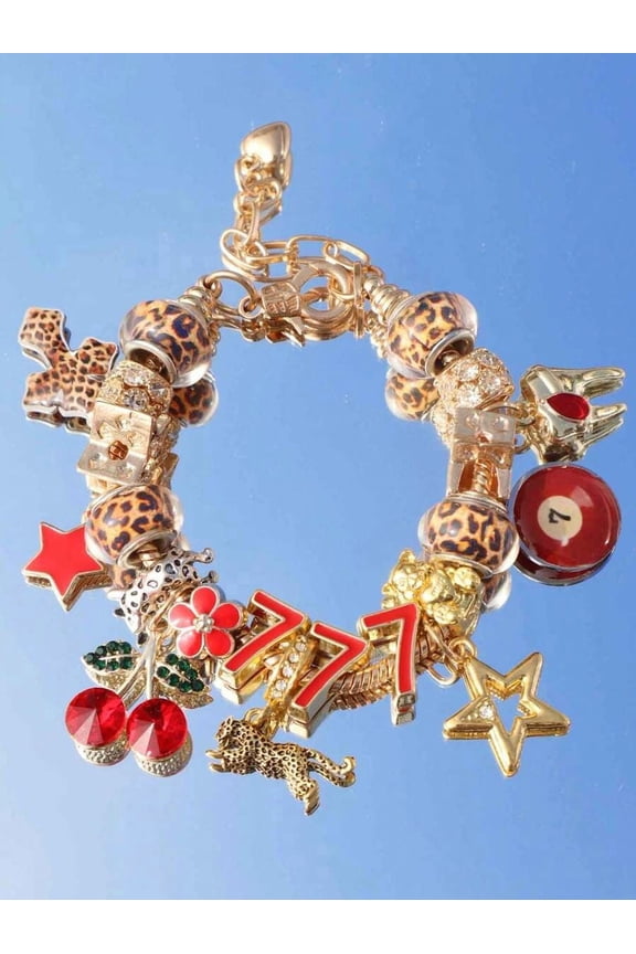 Gold Tone Leopard Print Charm Bracelet With 777, Cherry, Star, and Pool Ball Charms