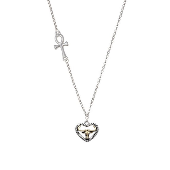 Gold Tone Longhorn in Rope Heart Delicate Ankh Necklace