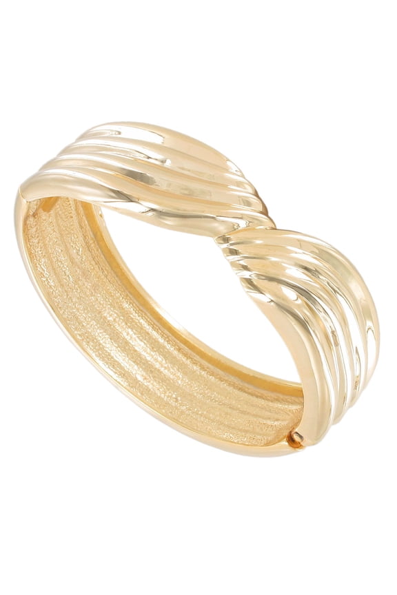 Gold Tone Metal Twisted Ribbed Design Chunky Clamp Hinged Bracelet Ladies Adult Female Women