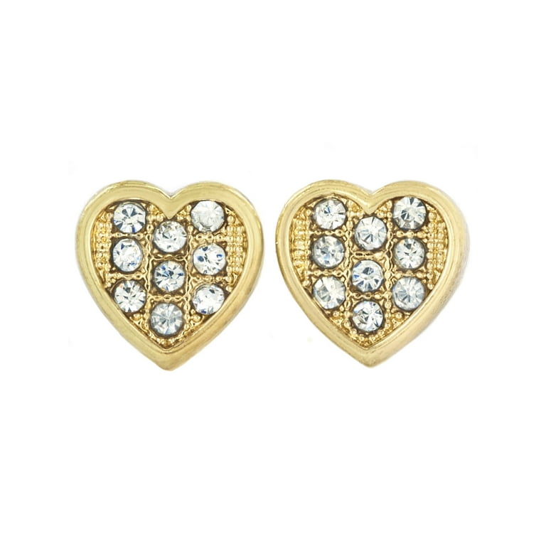 Gold Tone Micro Pave Crystal Heart Stud Post Earring