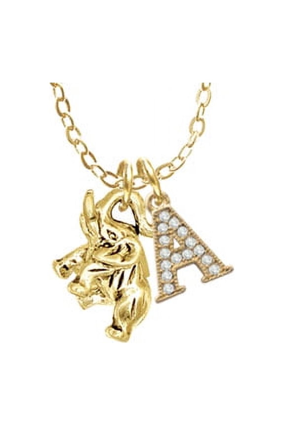Gold Tone Mini 3-D Elephant - A - Gold Tone Crystal Initial Sophia Necklace, 18"+1"