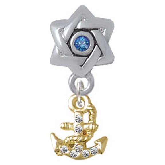 Gold Tone Mini Crystal Anchor - Star of David with Blue Crystal Charm Bead