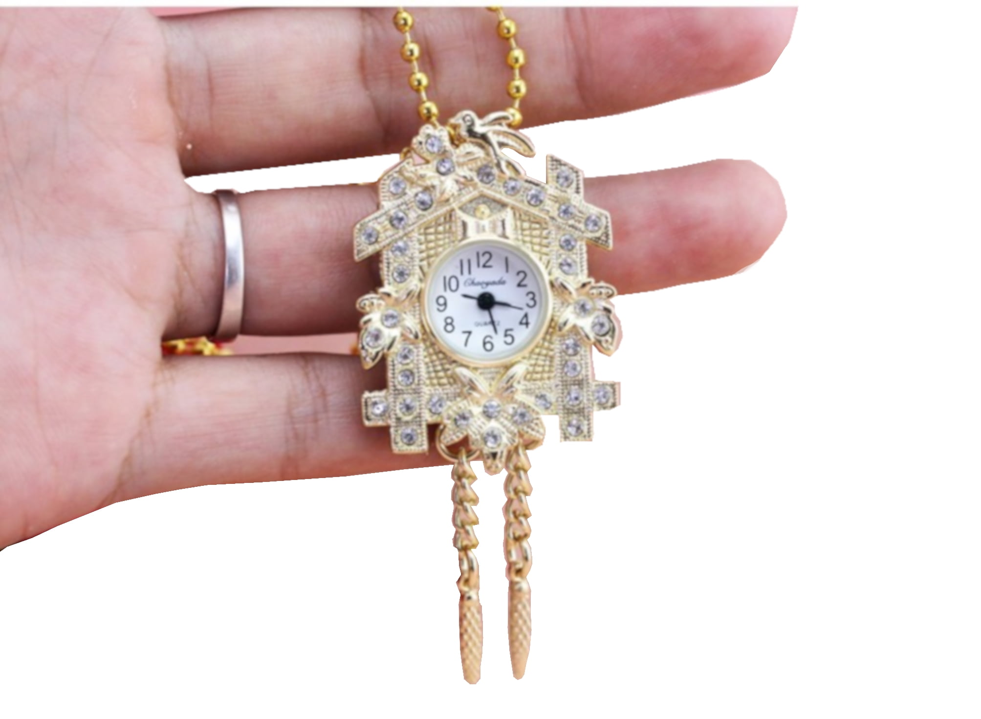 Gold Tone Necklace Pendant Watch Traditional Wall Cuckoo Clock Style