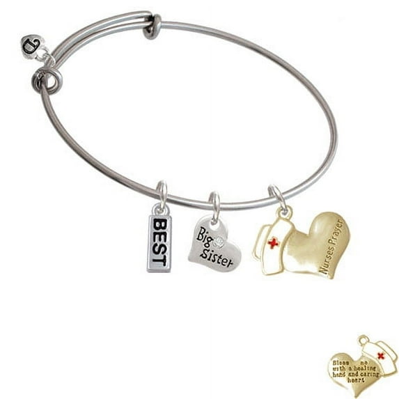 Gold Tone Nurse's Prayer Heart - Healing Hand Big Sister Heart Expandable Bangle Bracelet