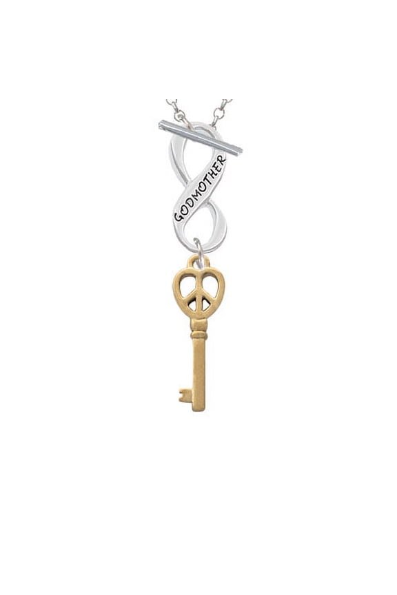 Gold Tone Open Peace Heart Key Godmother Infinity Toggle Chain Necklace