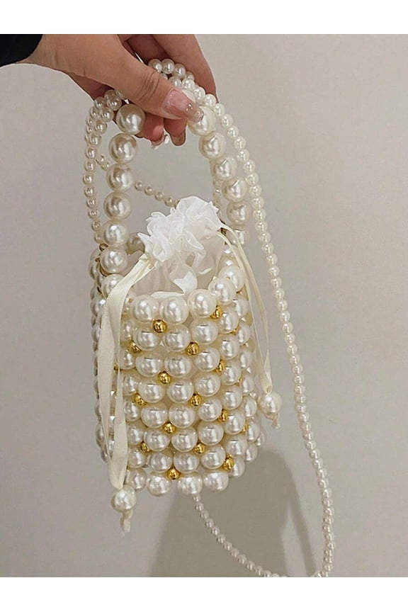 Gold-Tone Pearl Beaded Mini Bucket Bag With Drawstring Closure