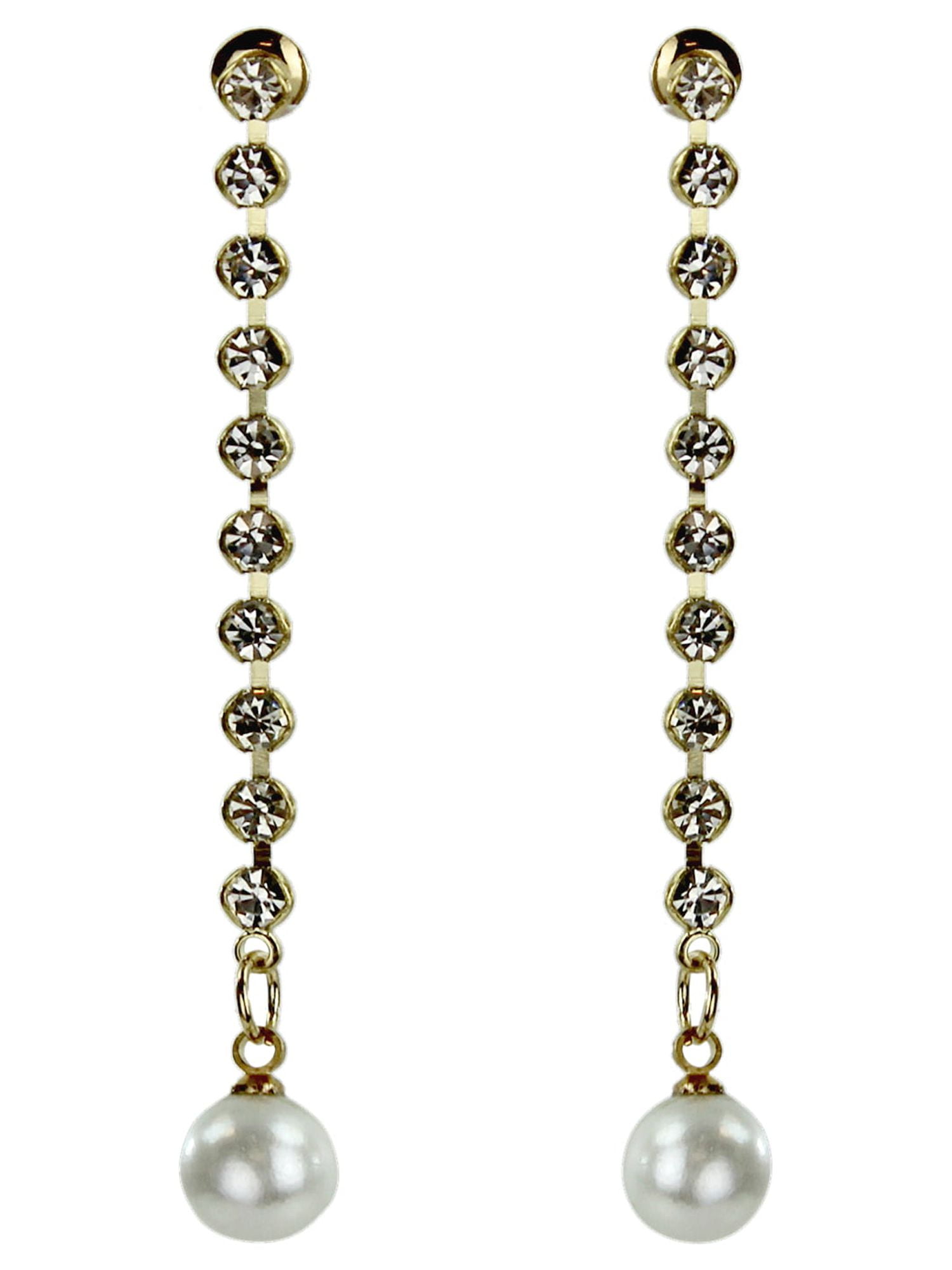 Gold Tone Pearl & Crystal Dangle Drop Earrings