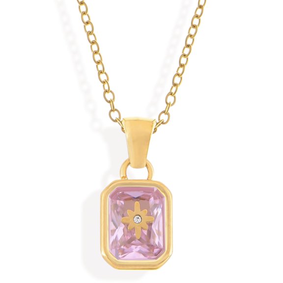 Gold Tone Pendant Necklace with Rectangular Crystal and Starburst Accent - October
