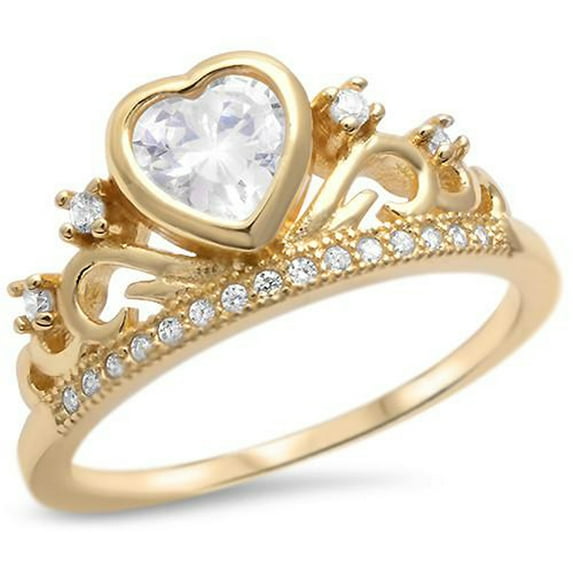Gold-Tone Plated Sterling Silver CZ Heart Filigree Crown Ring Size 5