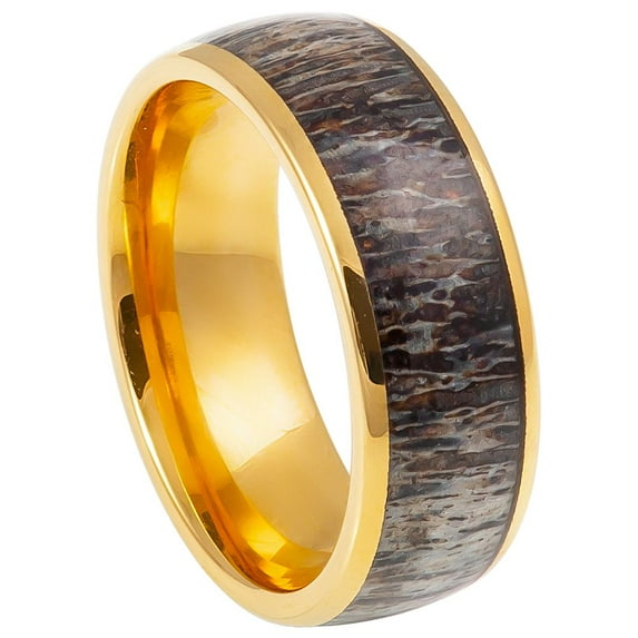 Gold-Tone Plated Tungsten Deer Antler Center Dome Band Ring Size 8.5