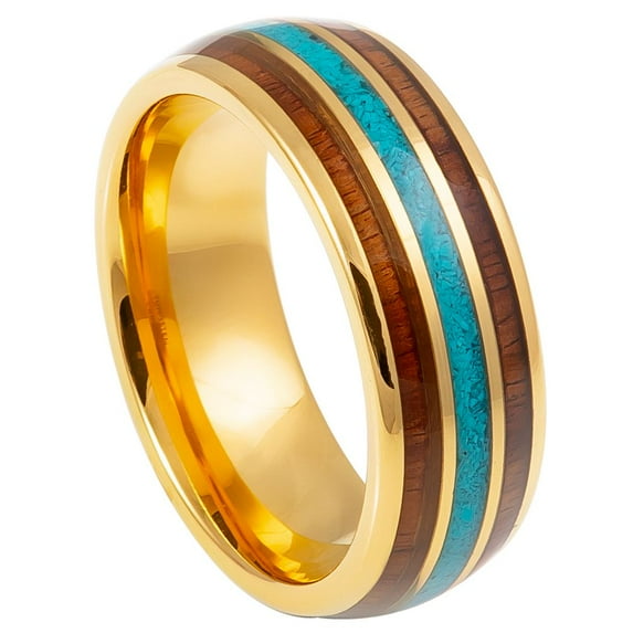Gold-Tone Plated Tungsten Koa Wood Crushed Turquoise Domed Ring Size 10.5