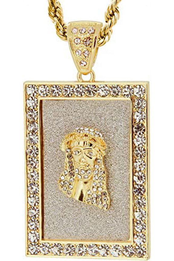 Gold Tone Rectrangle Jesus Face Pave Pendant with 30" Rope Chain
