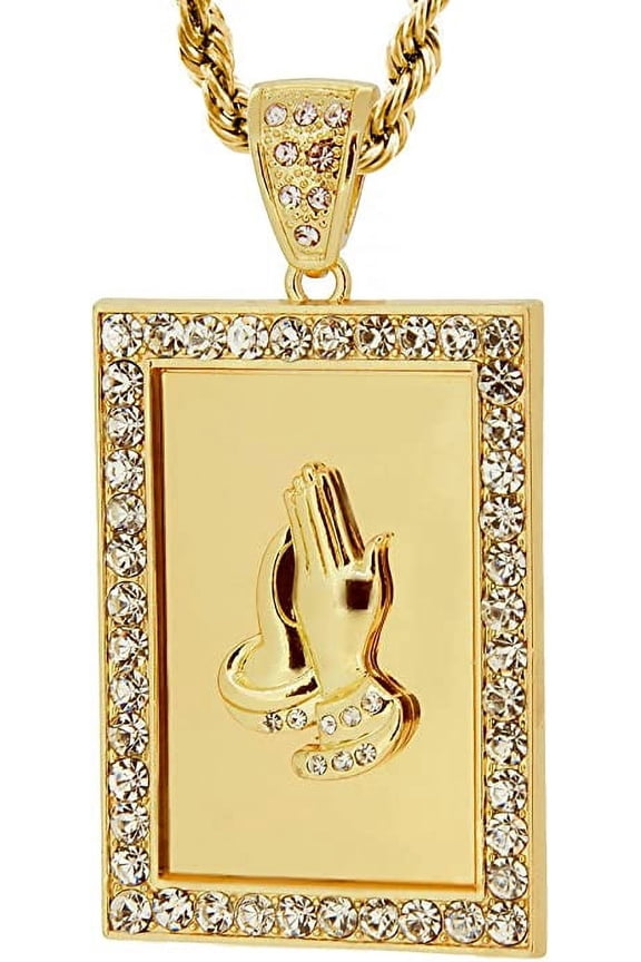 Gold Tone Rectrangle Praying Hands Pendant with 30" Rope Chain
